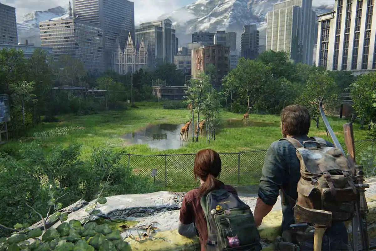A HD screenshot from The Last of Us Part 2, a famous scene where Joel and Ellie can be seen looking at Giraffes over a fenced ledge