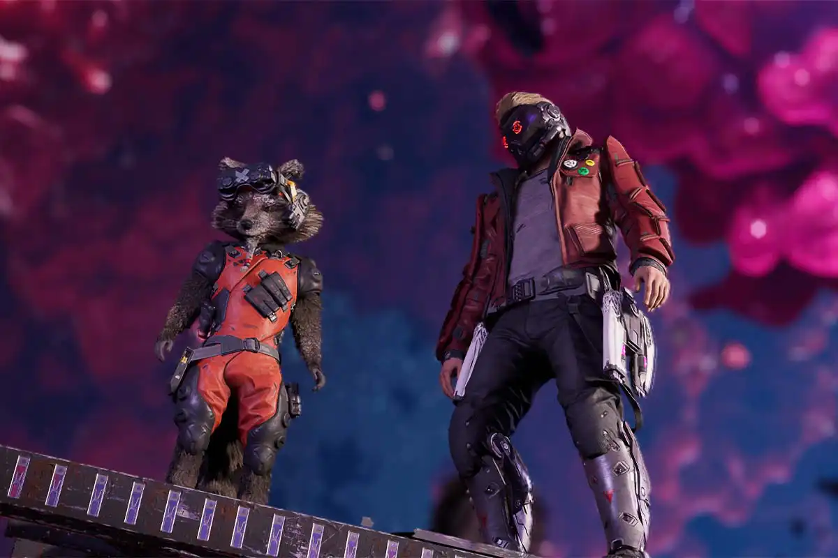 A HD screenshot from Marvel's Guardians of the Galaxy, Peter Quill / Star Lord and Rocket Racoon can be seen standing on a ledge in front of a beautiful pinkish background, The Quarantine zone